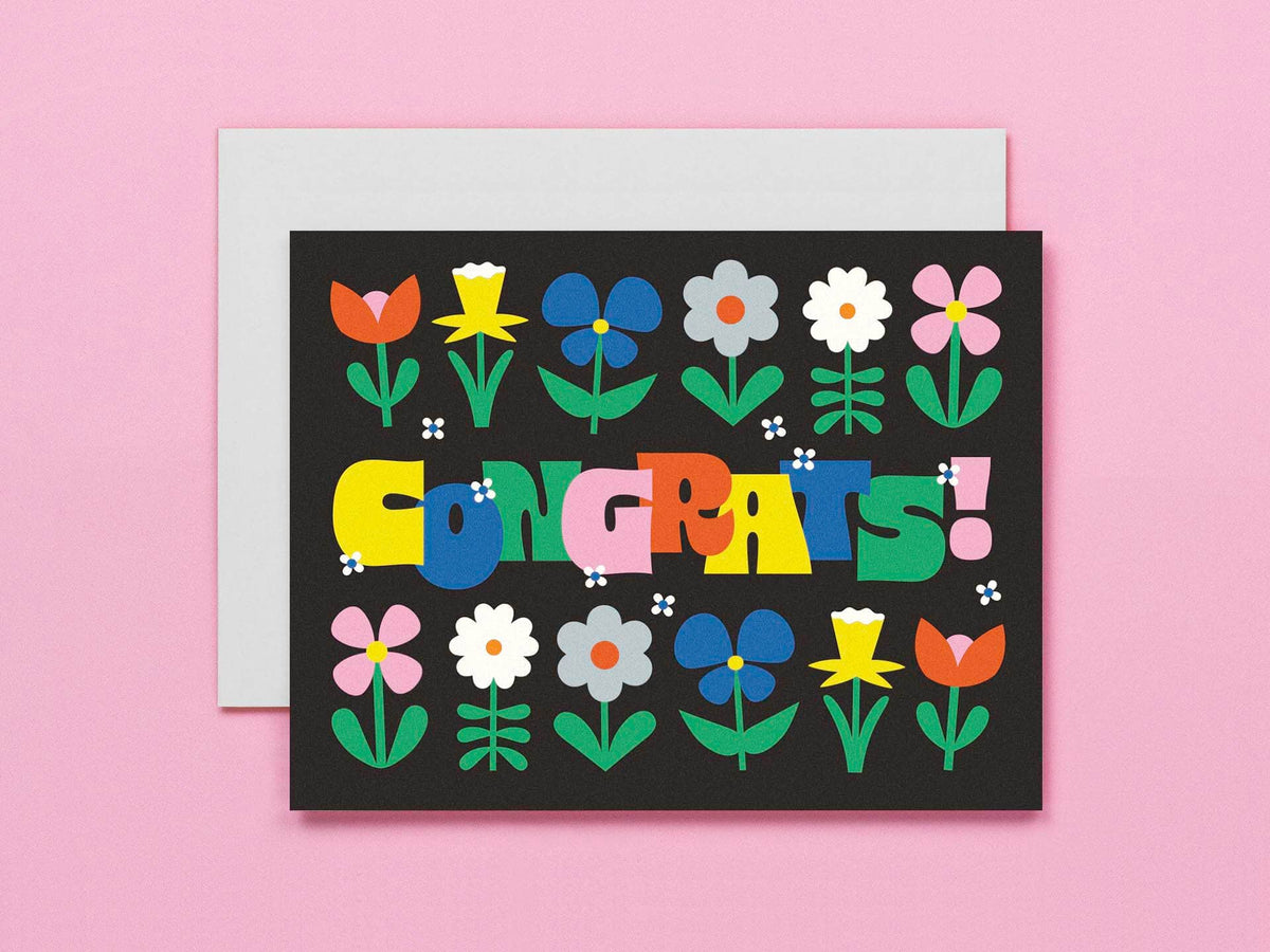 Celebration Garden • Typographic Retro Flowers Congrats Card: Bright