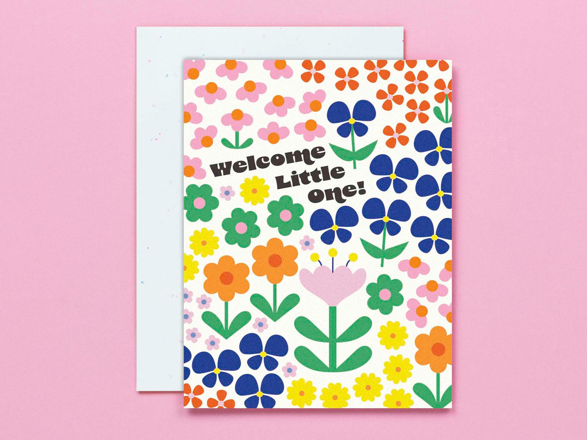 Welcome Little One • Retro Flower Pattern New Baby Card