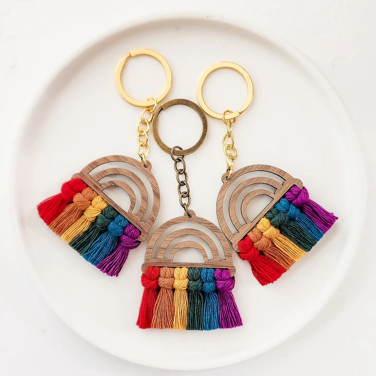 Macrame Wood Rainbow Keychain