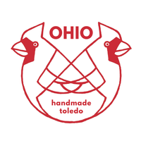 Load image into Gallery viewer, A red graphic logo featuring two cardinal birds facing each other, with the word 'OHIO' at the top and 'handmade toledo' at the bottom, on a plain white background.
