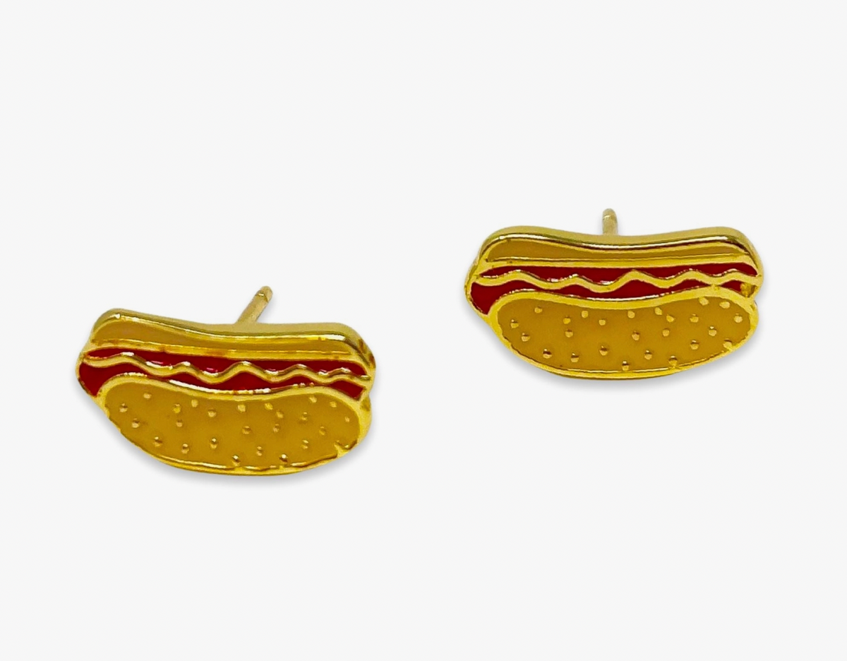 Gold Hot Dog Enamel Earrings
